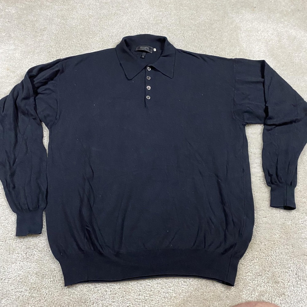 Raffi Sweater Mens L Black Cotton Modal Collared Knit Pullover Italy Ivy Prep